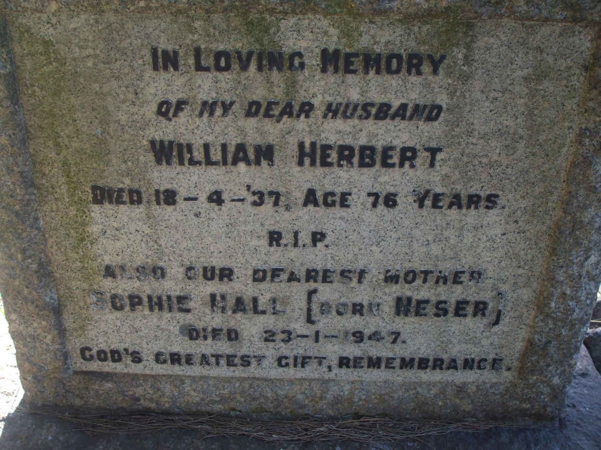 HALL William Herbert -1937  &amp; Sophia NESER -1947