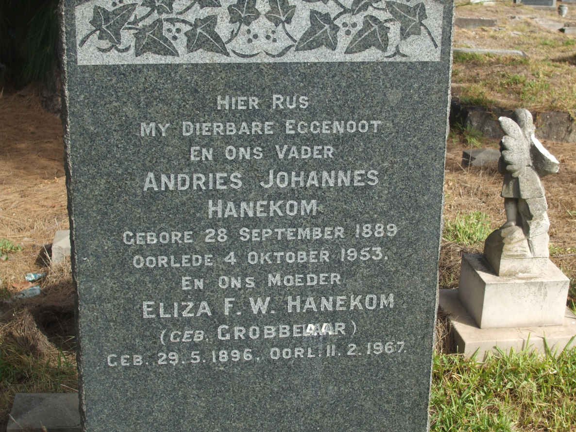 HANEKOM Andries Johannes 1889-1953 &amp; Eliza F.W. GROBBELAAR 1896-1967