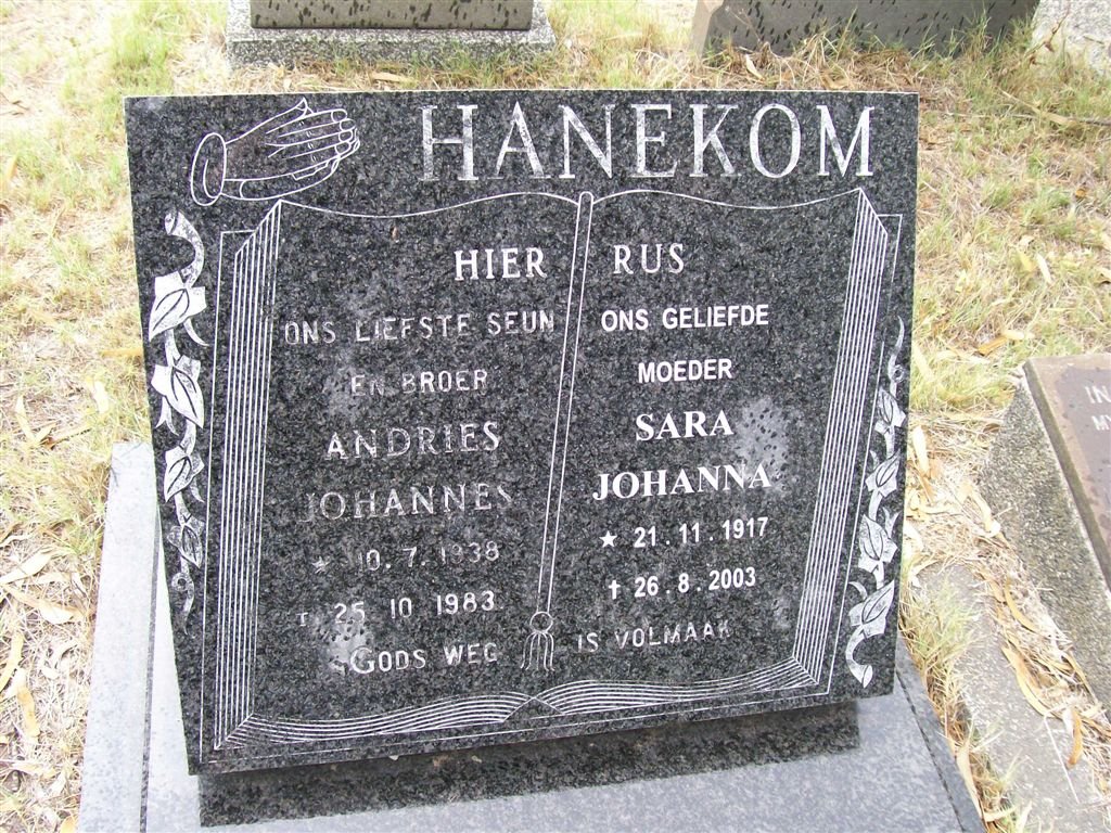 HANEKOM Sara Johanna 1917-2003 :: HANEKOM Andries Johannes 1938-1983