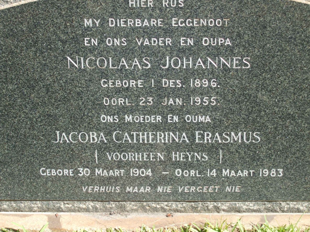 HEYNS Nicolaas Johannes 1896-1955 &amp; Jacoba Catherina ERASMUS formerly HEYNS 1904-1983