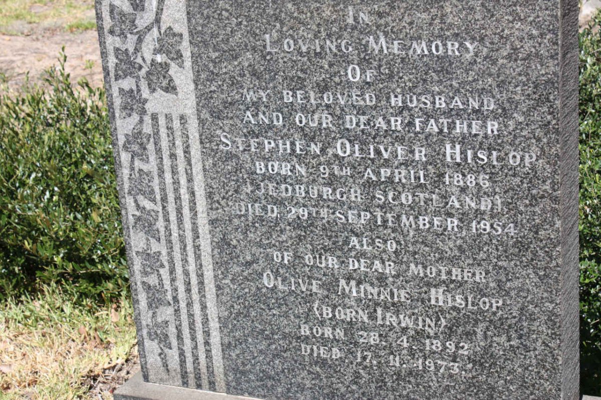 HISLOP Stephen Oliver 1886-1954 &amp; Olive Minnie IRWIN 1892-1973