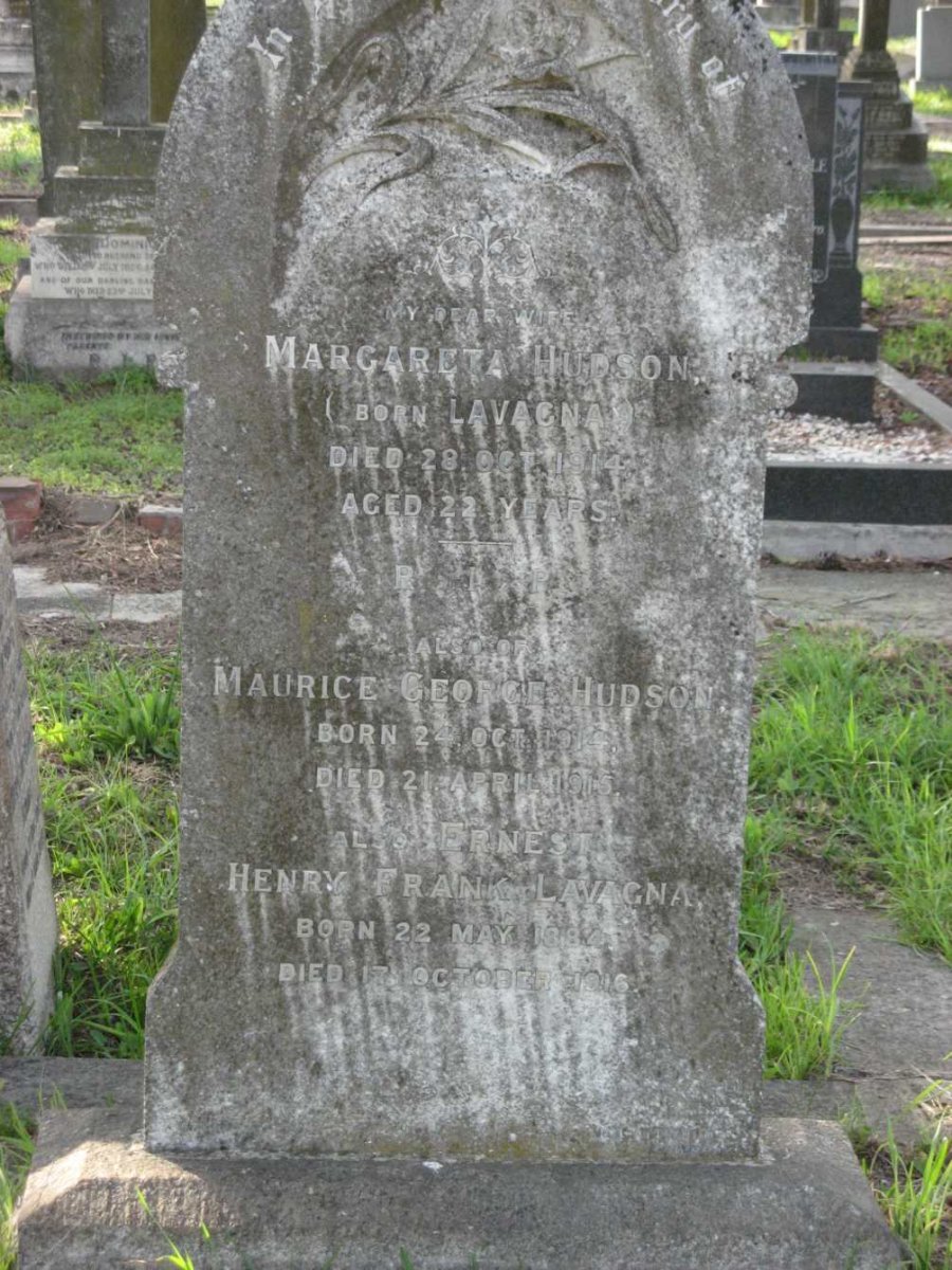 HUDSON Margareta nee LAVAGNA -1914 :: HUDSON Maurice George 1914-1915 :: LAVAGNA Ernest Henry Frank 1884-1916