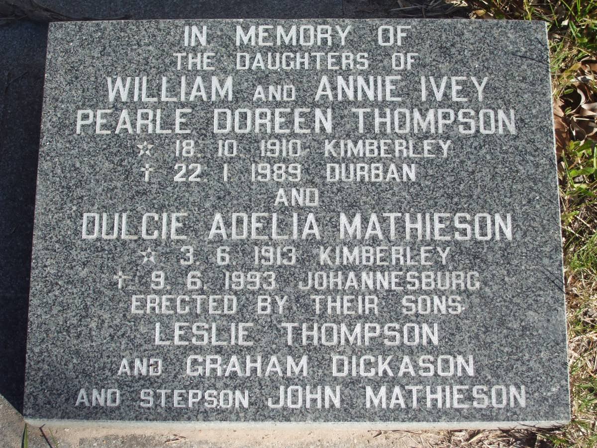 THOMPSON Pearle Doreen 1910-1989 :: MATHIESON Dulcie Adelia 1913-1993