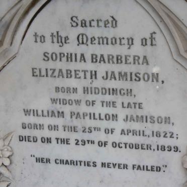JAMISON Sophia Barbera Elizabeth nee HIDDINGH 1822-1899 