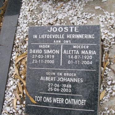 JOOSTE David Simon 1919-2000 &amp; Aletta Maria 1920-2004 :: JOOSTE Albert Johannes 1948-2003