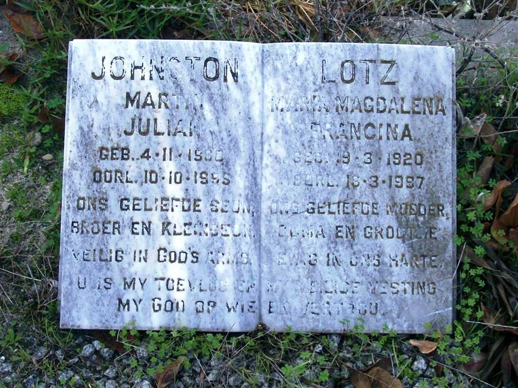 JOHNSTON Martin Julian 1960-1995  :: LOTZ Maria Magdalena Francina 1920-1997