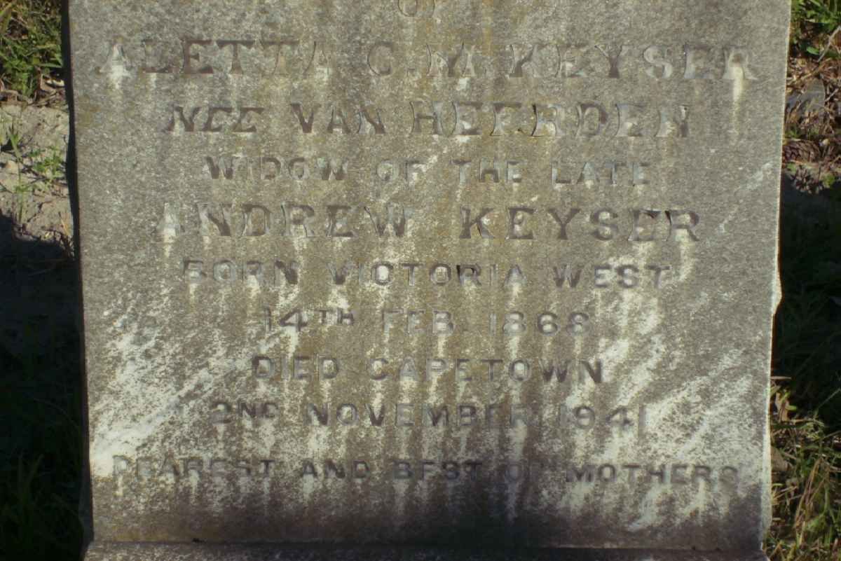 KEYSER Aletta C.M. nee VAN HEERDEN 1866-1941