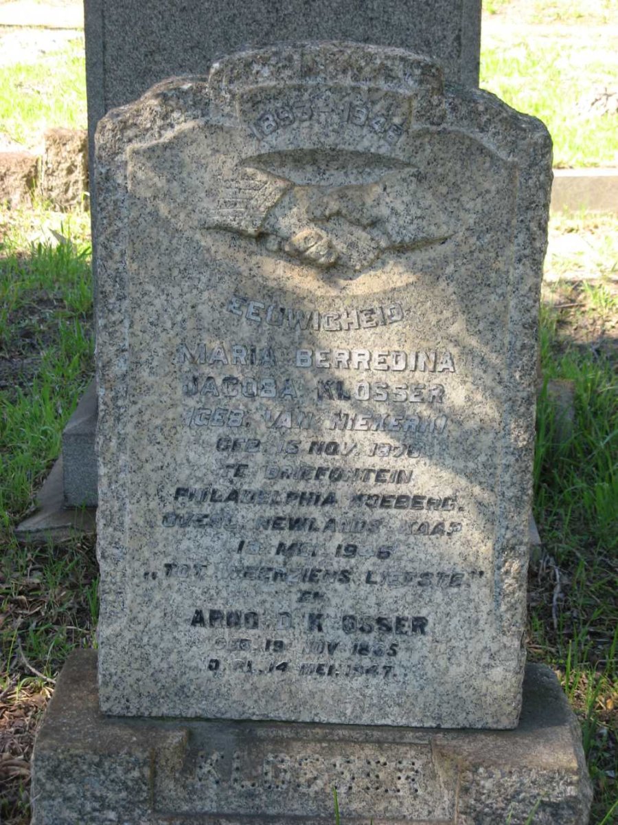 KLOSSER Arnold 1865-1947 &amp; Maria Berredina Jacoba VAN NIEKERK 1870-1946