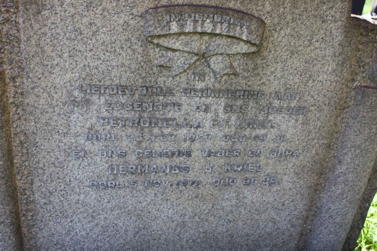 KRIEL Hermanus J. -1973 &amp; Petronella C.F. -1950
