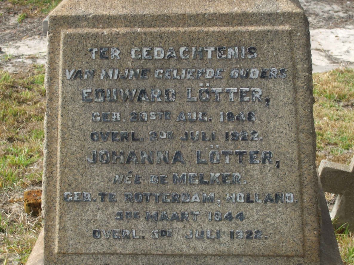 LöTTER Eduward 1846-1922 &amp; Johanna DE MELKER 1844-1922