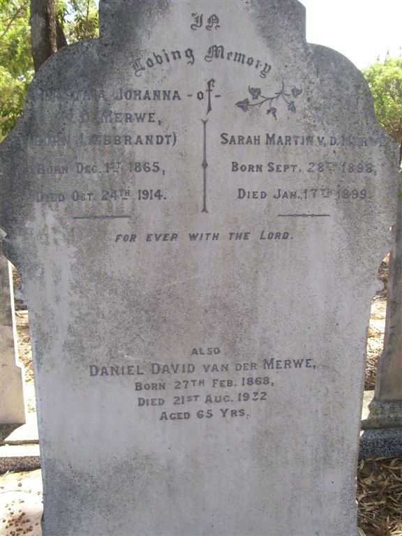 MERWE ? Johanna, v.d. nee LEIBBRANDT 1865-1914 :: V.D. MERWE Sarah Martin 1898-1899