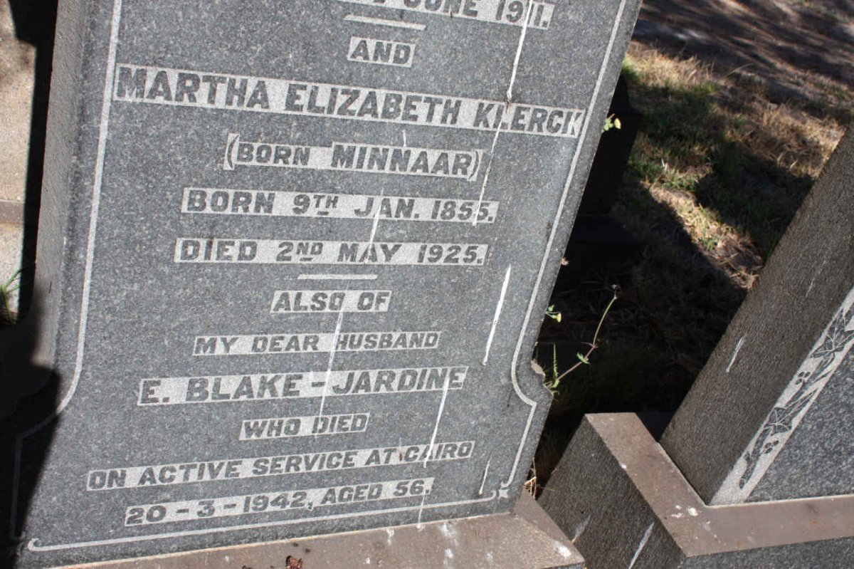 KLERCK Martha Elizabeth nee MINNAAR 1855-1925 :: BLAKE-JARDINE E. -1942