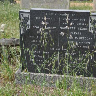 George Ernest Pleass died 03 September 1977 died aged 79 year
Richard John Please died 19 February 1948 aged 20 years
Margaret Clare Pleass nee McGregor died 27 December 1970 aged 69 years 
Robert Charles Pleass died 07 September 1952 aged 21 year
