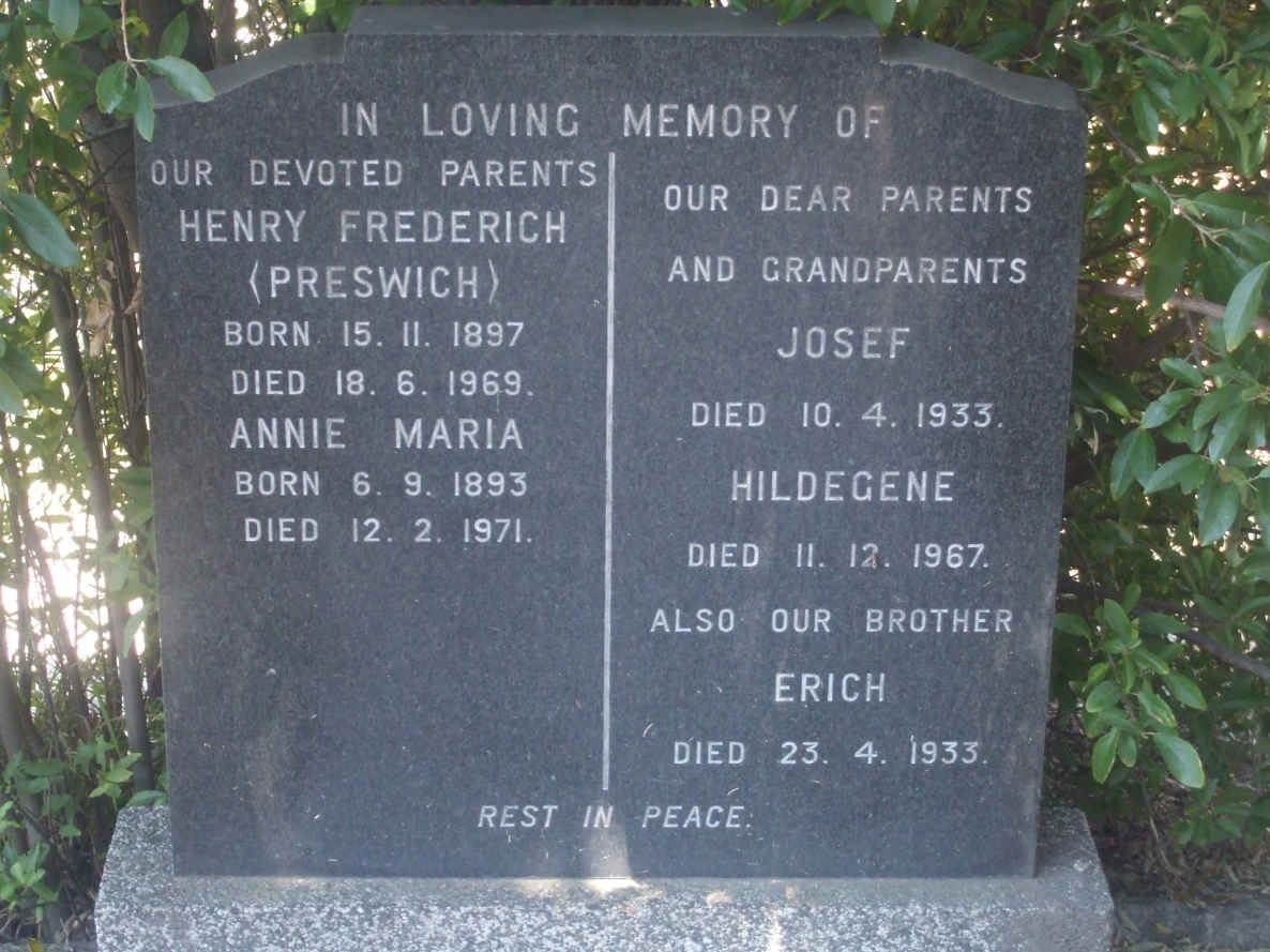 PRIESSNITZ Henry Frederich 1897-1969 &amp; Annie Maria 1893-1971 :: PRIESSNITZ Josef -1933 &amp; Hildegene -1967