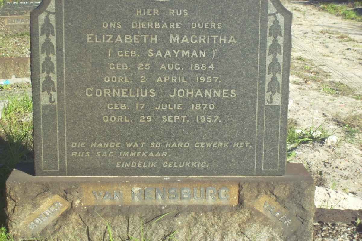 RENSBURG Cornelius Johannes, van 1870-1957 &amp; Elizabeth Magritha SAAYMAN 1884-1957