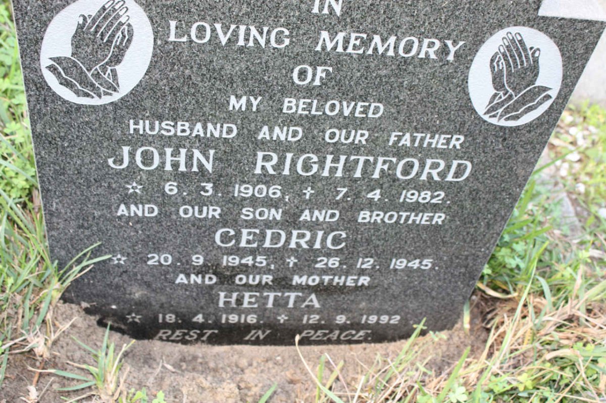 RIGHTFORD John 1906-1982 &amp; Hetta 1916-1992 :: RIGHTFORD Cedric 1945-1945