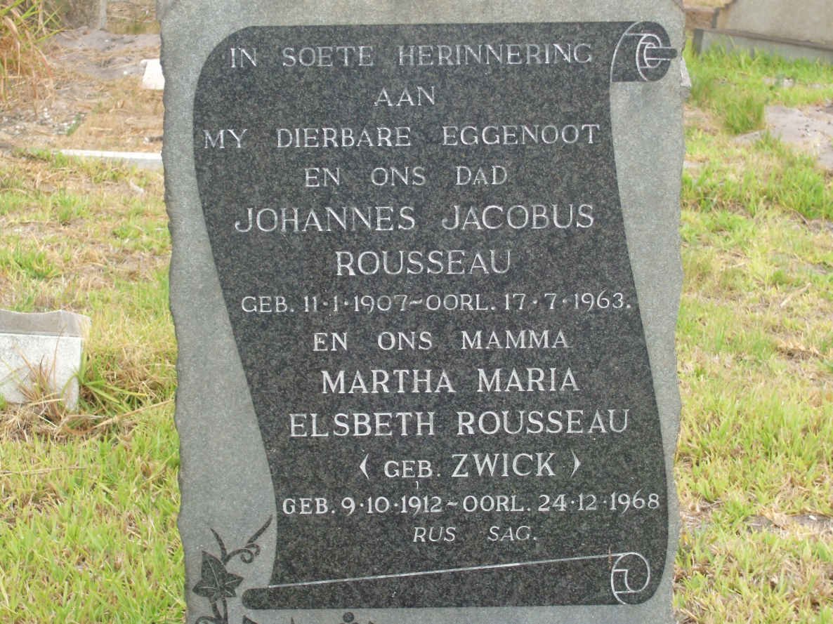 ROUSSEAU Johannes Jacobus 1907-1963 &amp; Martha Maria Elsbeth ZWICK 1912-1968