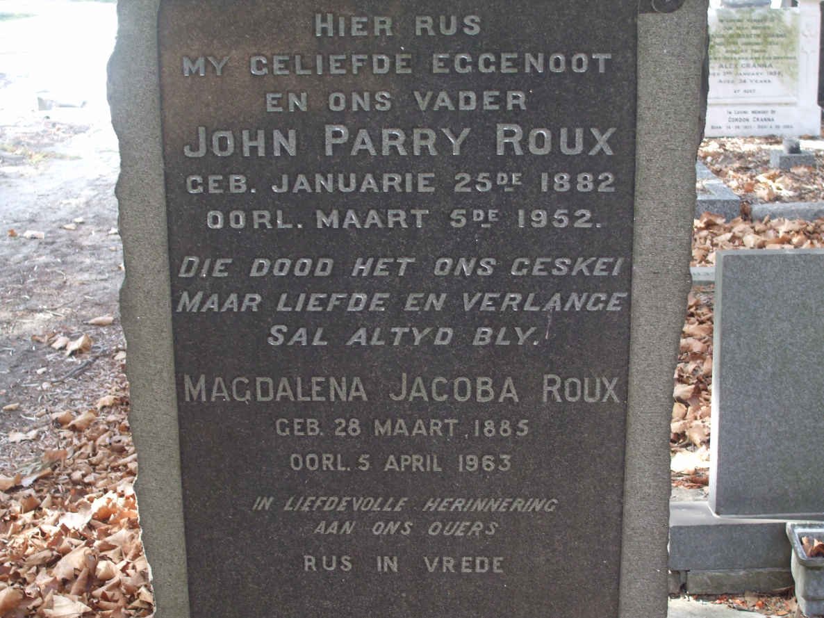 ROUX John Parry 1882-1952 &amp; Magdalena Jacoba 1885-1963
