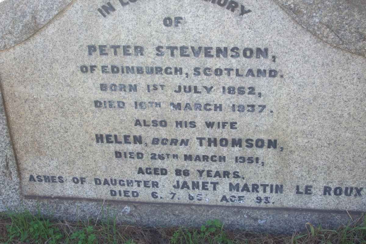 STEVENSON Peter 1862-1937 &amp; Helen THOMSON -1951 :: LE ROUX Janet Martin -1985