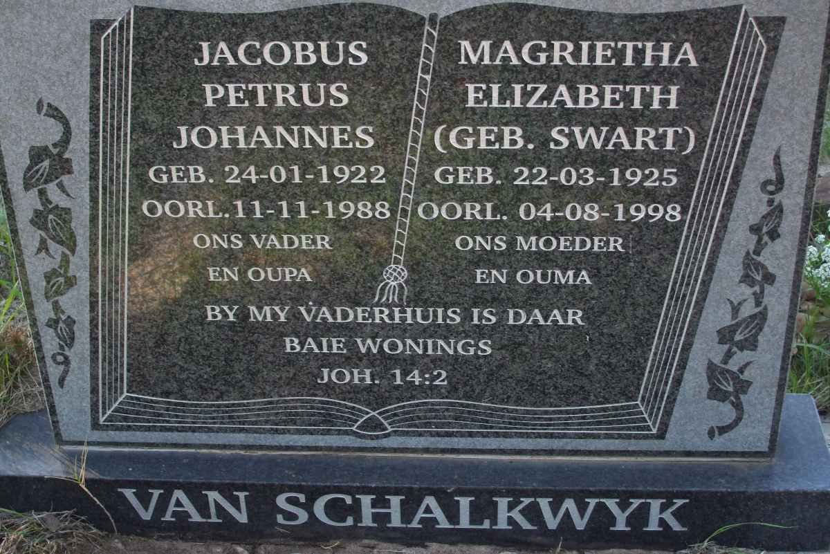 SCHALKWYK Jacobus Petrus Johannes, van 1922-1988 &amp; Magrietha Elizabeth SWART 1925-1998