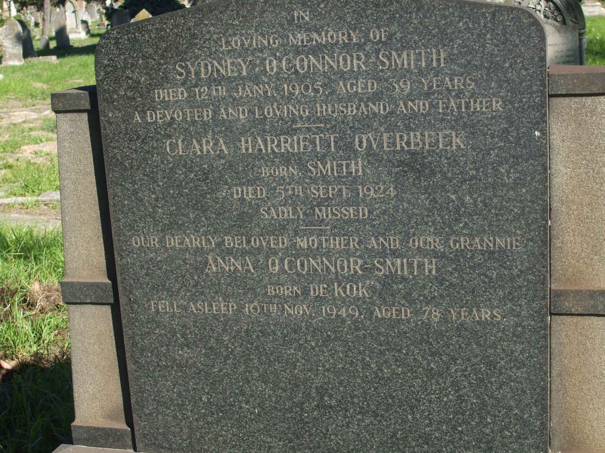 SMITH Sydney, O’Connor -1905 &amp; Anna De KOK  -1949 :: OVERBEEK Clara Harriett nee SMITH -1924