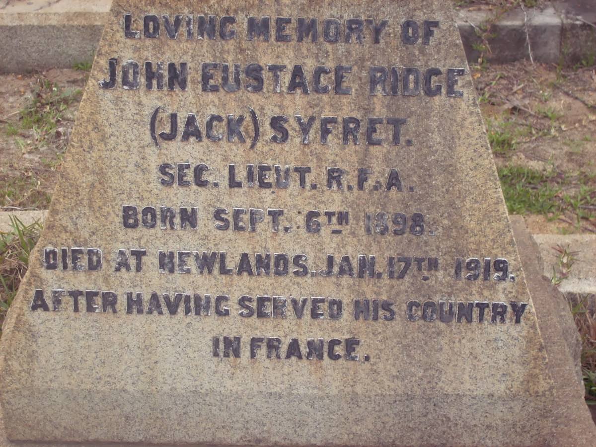 SYFRET John Eustace Ridge 1898-1919