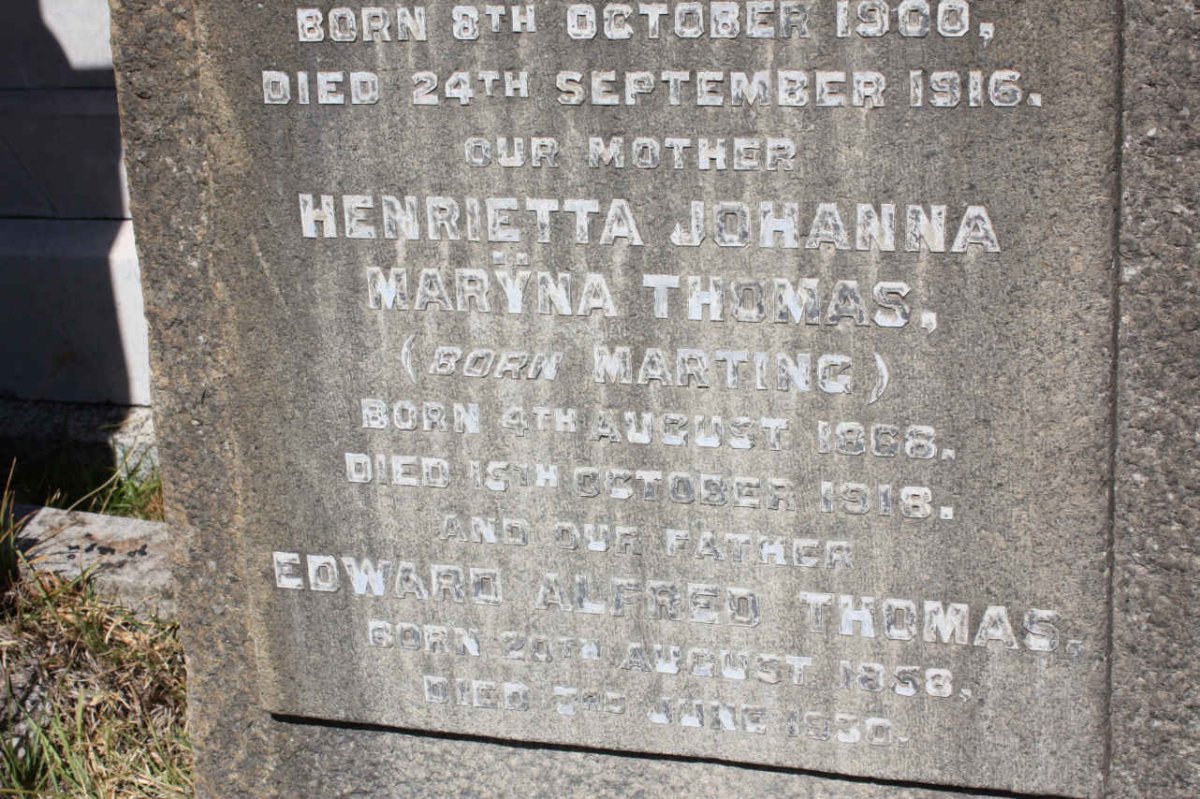 THOMAS Edward Alfred 1858-1930 &amp; Henrietta Johanna Maryna MARTING 1868-1918