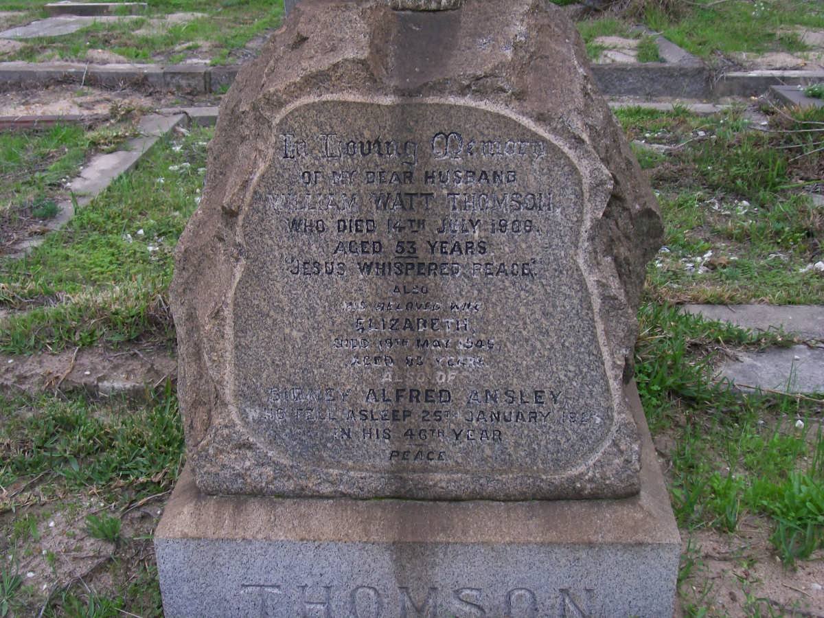 THOMSON William Watt -1906 &amp; Elizabeth -1949 :: ANSLEY Sidney Alfred -19?