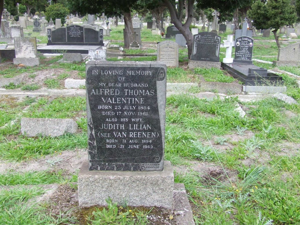 VALENTINE Alfred Thomas 1894-1961 &amp; Judith Lilian VAN REENEN 1884-1969