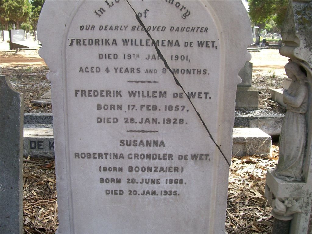 WET Frederik Willem, de 1857-1928 &amp; Susanna Robertina Grondler BOONZAIER 1868-1935 ::  DE WET Fredrika Willemena -1901