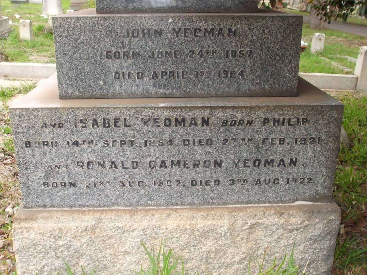 YEOMAN John 1857-1904 &amp; Isabel PHILIP 1854-1921 :: YEOMAN Ronald Cameron 1887-1922