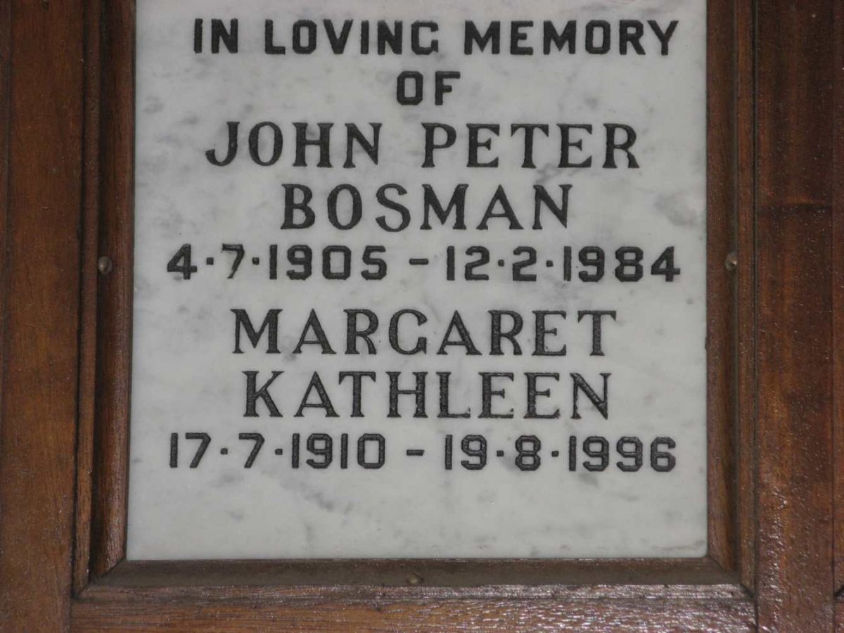 BOSMAN John Peter 1905-1984 &amp; Margaret Kathleen 1910-1996
