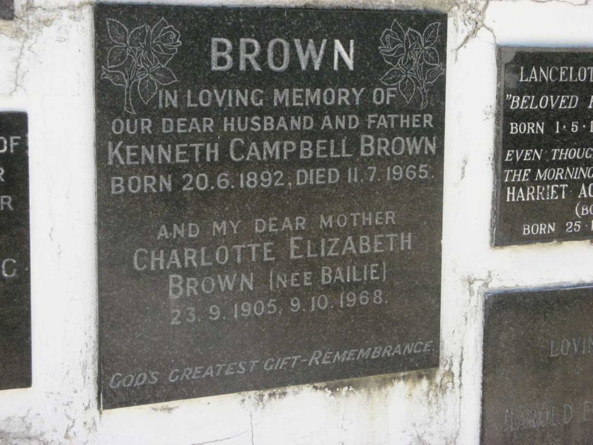 BROWN Kenneth Campbell 1892-1965 &amp; Charlotte Elizabeth BAILIE 1905-1968