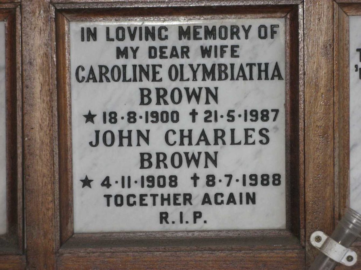 BROWN John Charles 1908-1988 &amp; Caroline Olymbiatha 1900-1987
