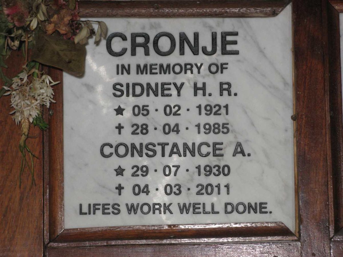 CRONJE Sidney H.R. 1921-1985 &amp; Constance A. 1930-2011