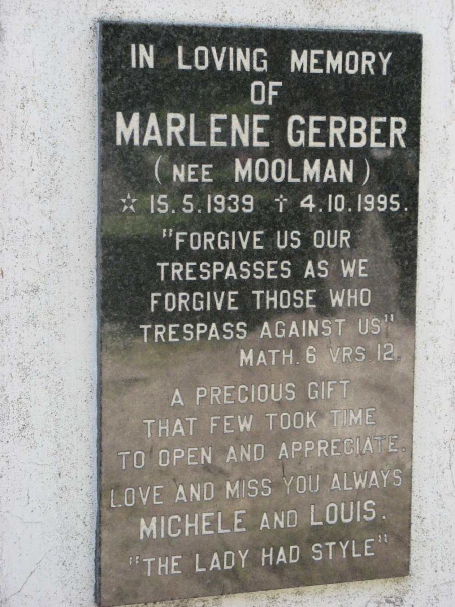 GERBER Marlene nee MOOLMAN 1939-1995