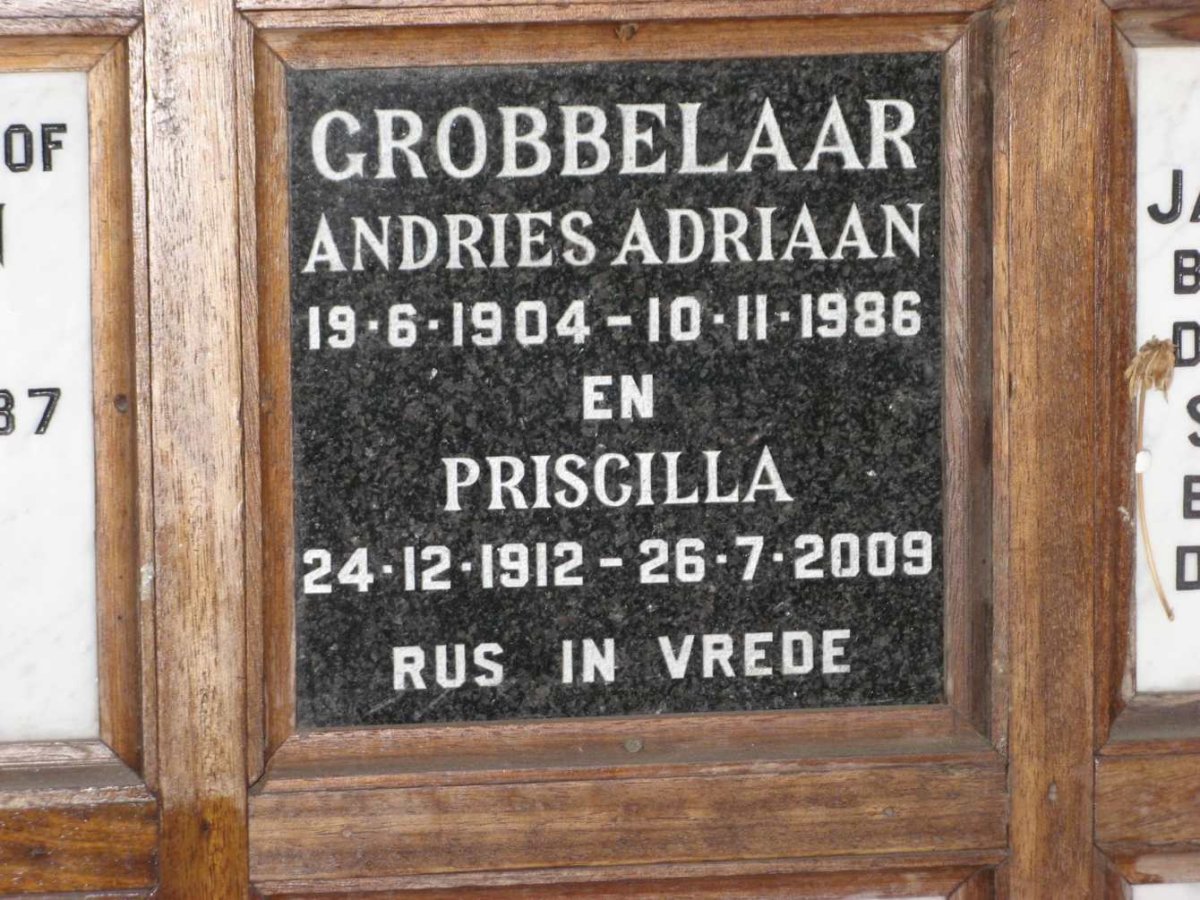 GROBBELAAR Andries Adriaan 1904-1986 &amp; Priscilla 1912-2009