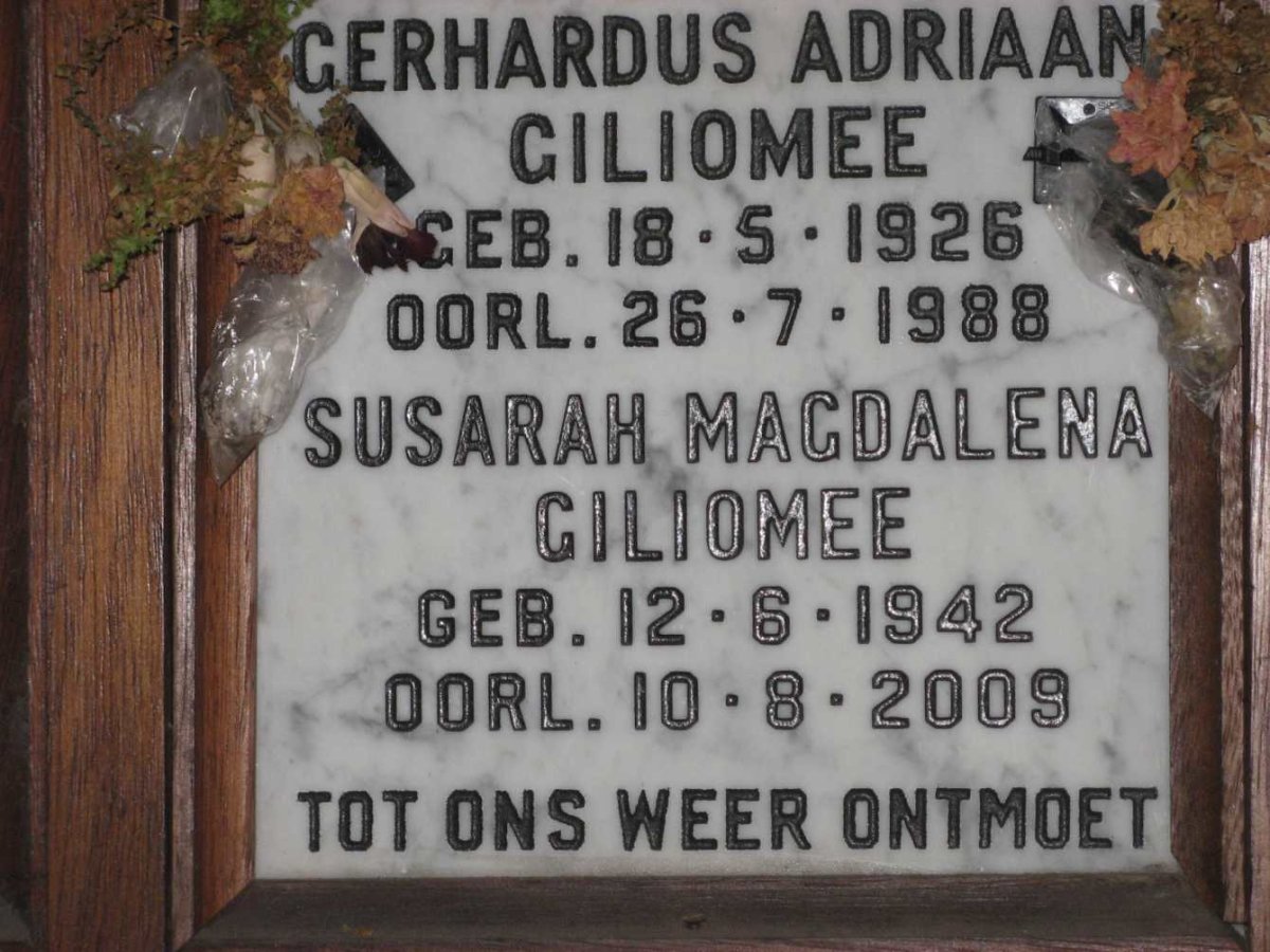 GILIOMEE Gerhardus Adriaan 1926-1988 :: GILIOMEE Susarah Magdalena 1942-2009