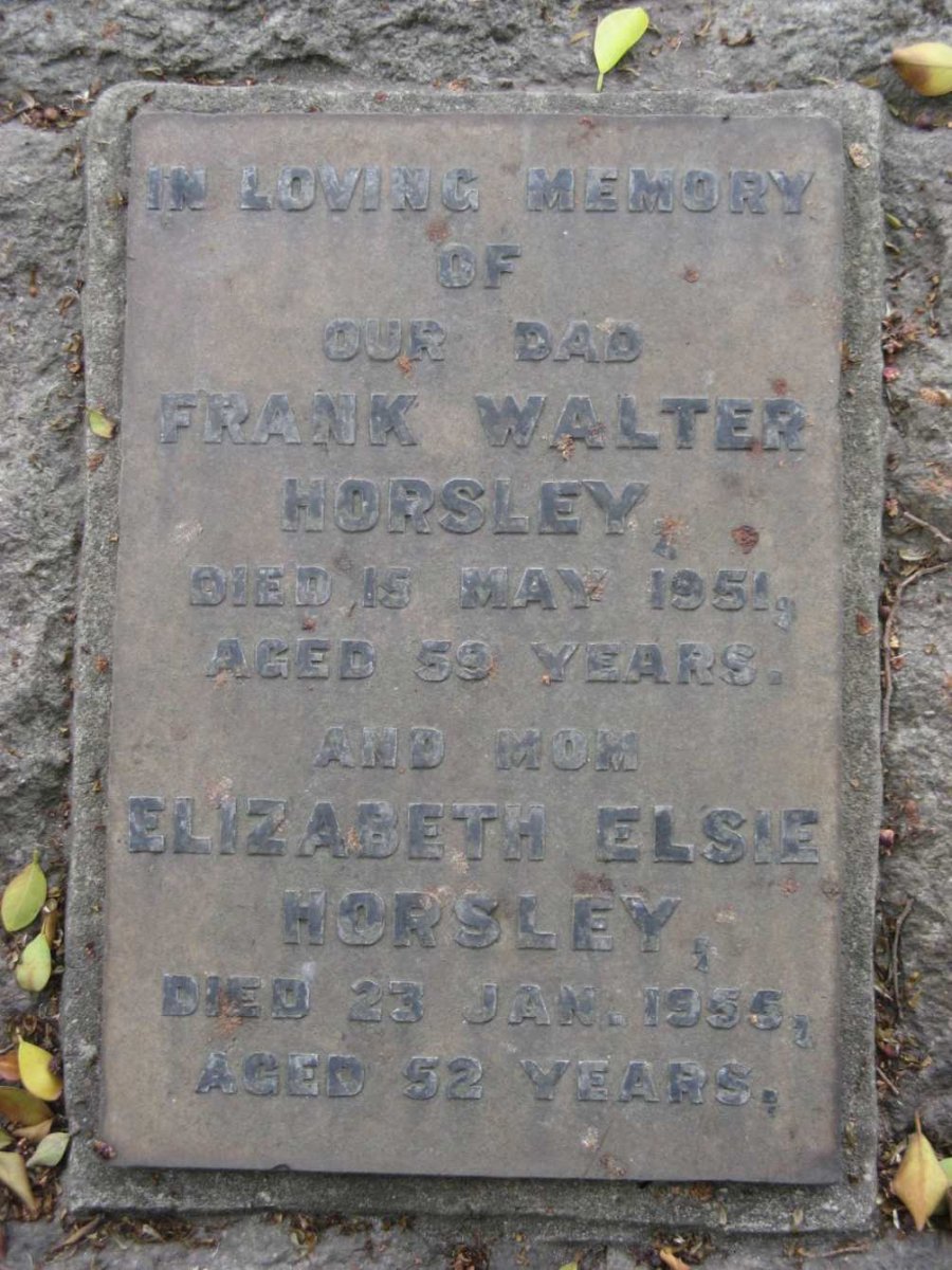 HORSLEY Frank Walter -1951 &amp; Elizabeth Elsie -1955