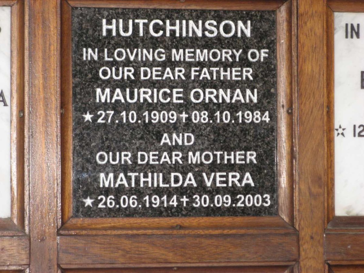 HUTCHINSON Maurice Ornan 1909-1984 &amp; Mathilda Vera 1914-2003