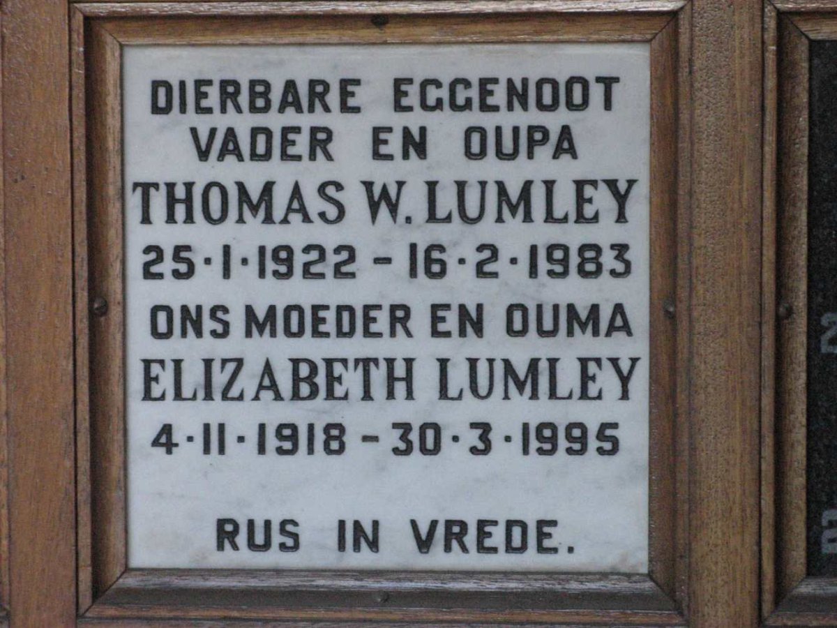 LUMLEY Thomas W. 1922-1983 &amp; Elizabeth 1918-1995