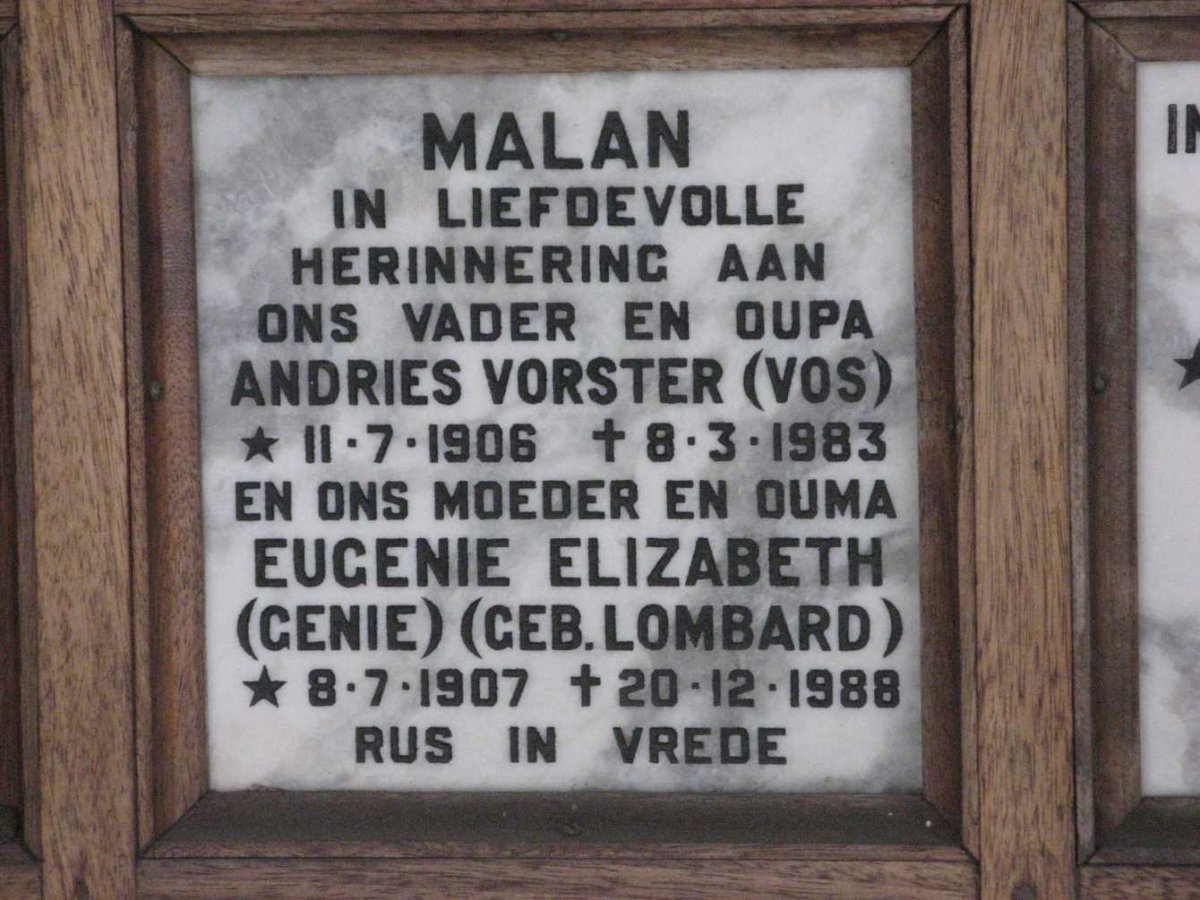 MALAN Andries Vorster 1906-1983 &amp; Eugenie Elizabeth LOMBARD 1907-1988