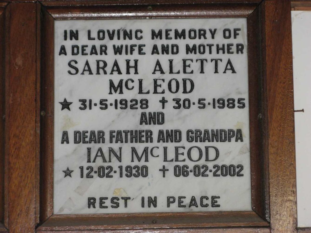 McLEOD Ian 1930-2002 &amp; Sarah Aletta 1928-1985