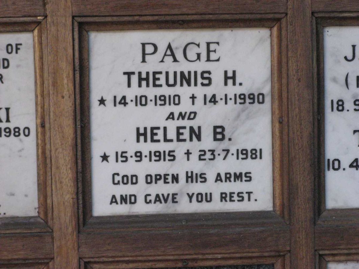 PAGE Theunis H. 1910-1990 &amp; Helen B. 1915-1981