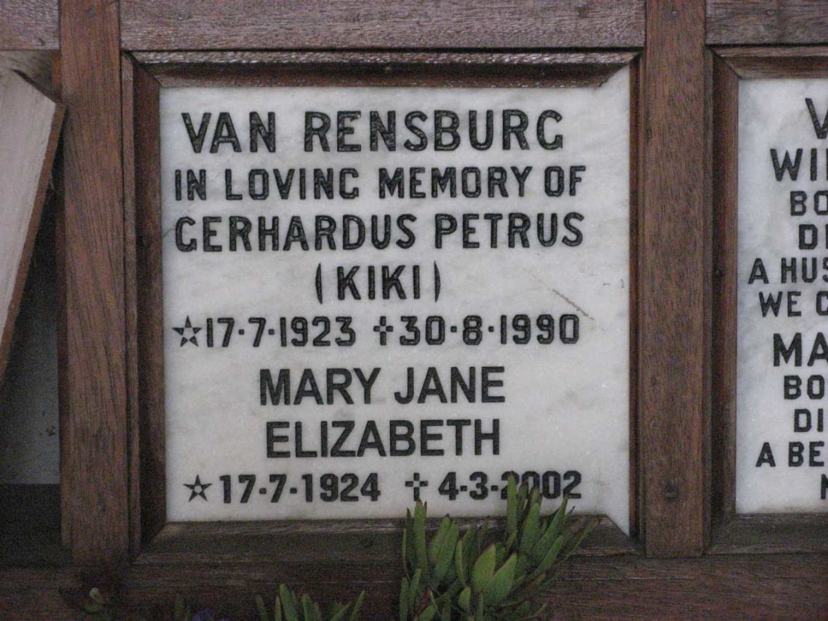 RENSBURG Gerhardus Petrus, van 1923-1990 &amp; Mary Jane Elizabeth 1924-2002