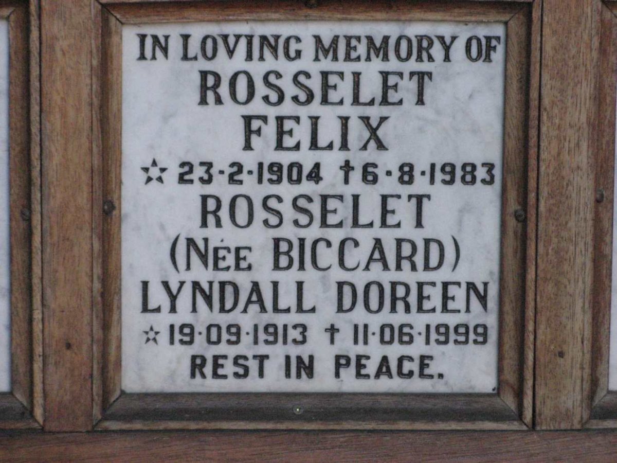 ROSSELET Felix 1904-1983 &amp; Lyndall Doreen BICCARD 1913-1999