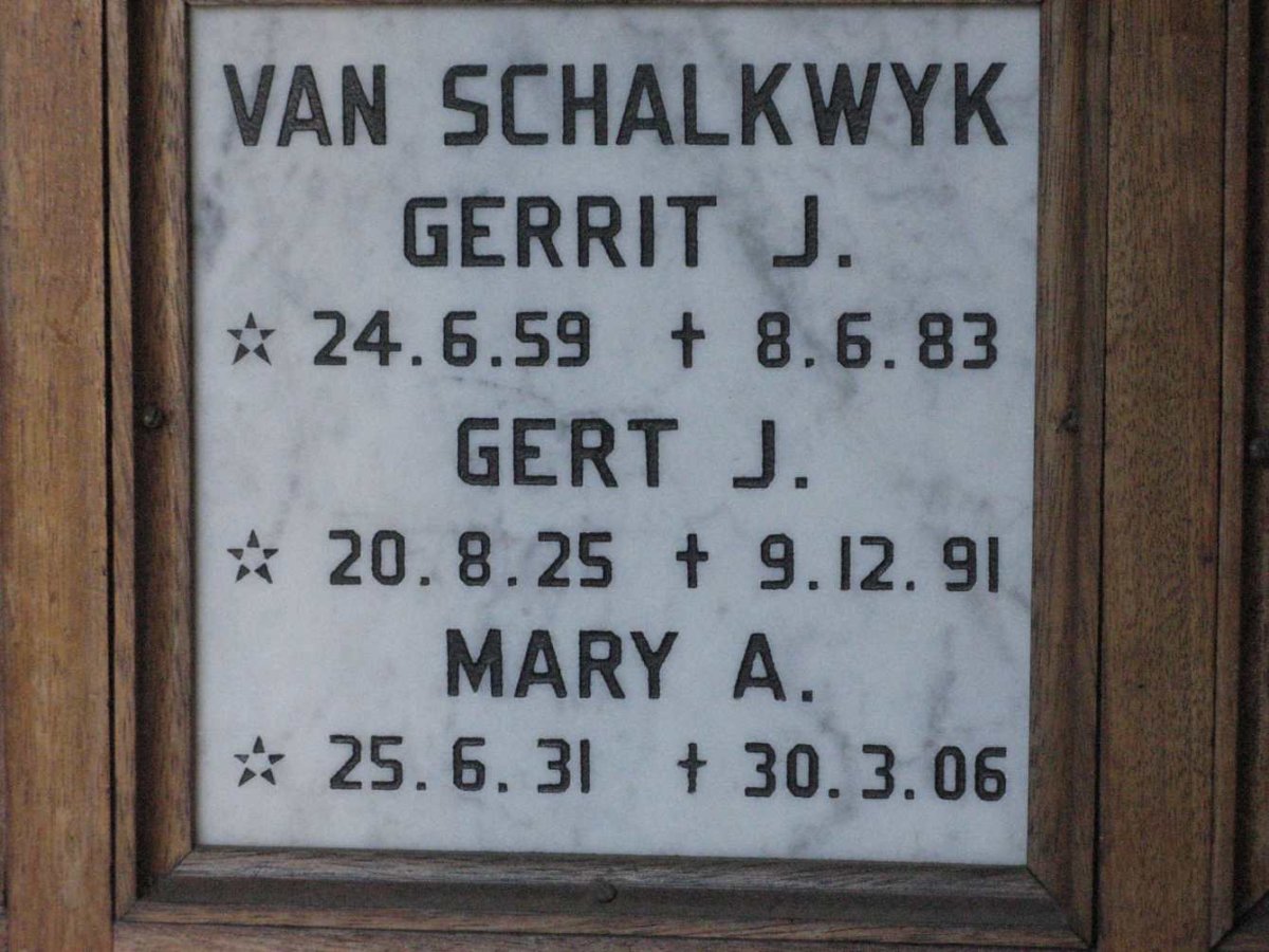 SCHALKWYK Gert J., van 1925-1991 &amp; Mary A. 1931-2006 :: VAN SCHALKWYK Gerrit J. 1959-1983