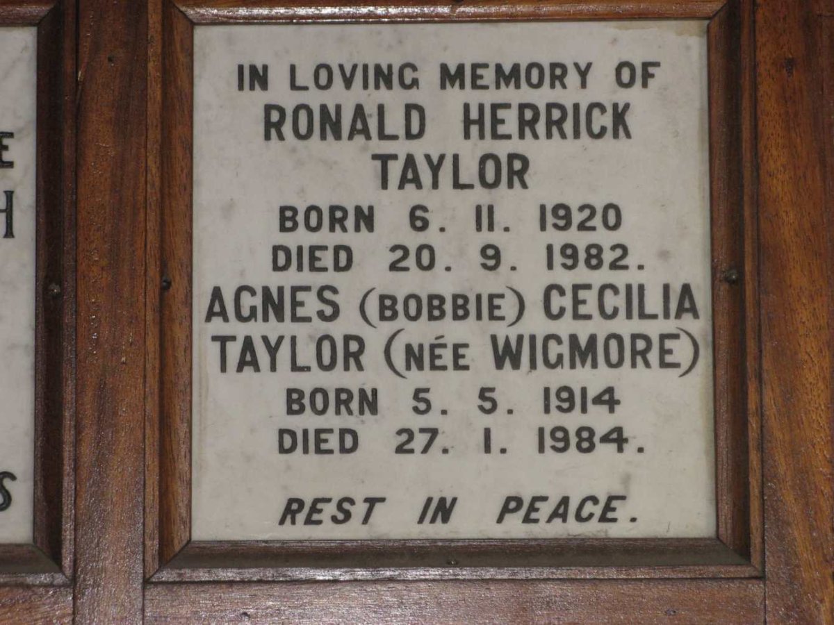 TAYLOR Ronald Herrick 1920-1982 &amp; Agnes Cecilia WIGMORE 1914-1984