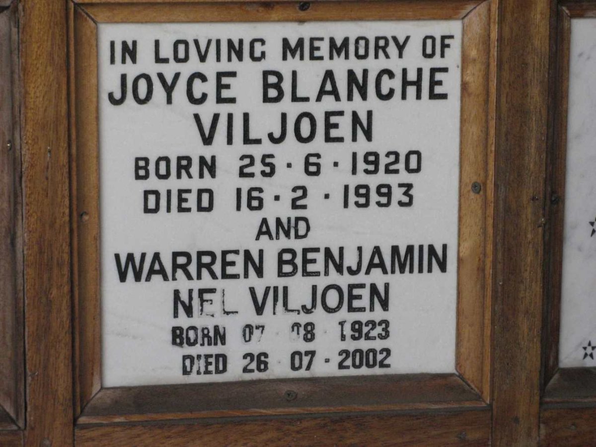 VILJOEN Warren Benjamin Nel 1923-2002 &amp; Joyce Blanche 1920-1993