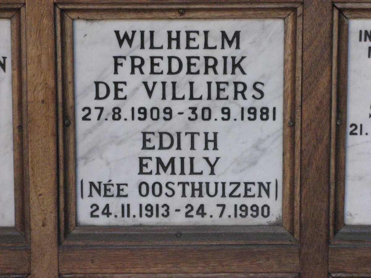 VILLIERS Wilhelm Frederik, de 1909-1981 &amp; Edith Emily OOSTHUIZEN 1913-1990